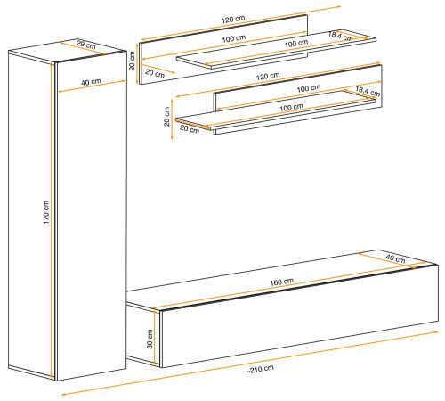 Wohnwand Option in Jackson Eiche Schrankwand 4-teilig h�ngend mit Push-To-Open, 210 x 170 cm