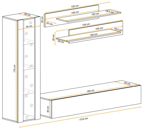 Wohnwand Option in Jackson Eiche Schrankwand 4-teilig h�ngend mit LED und Push-To-Open, 210 x 170 cm