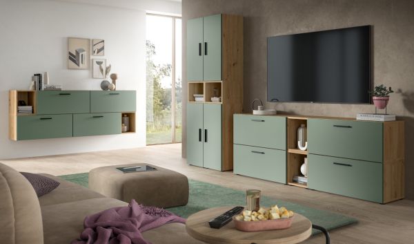 Wohnwand Onawa in Gr�n und Artisan Eiche Wohnkombination 256 x 178 cm, Soft-Close