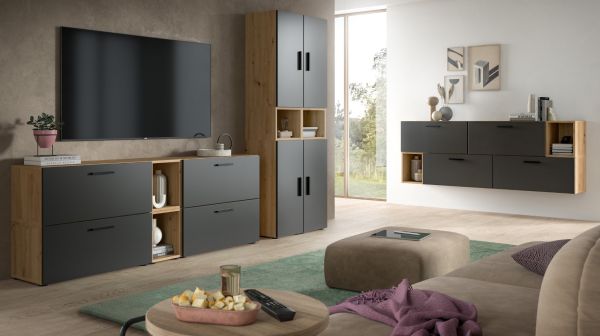 Wohnwand Onawa in Grau und Artisan Eiche Wohnkombination h�ngend / stehend 300 x 178 cm