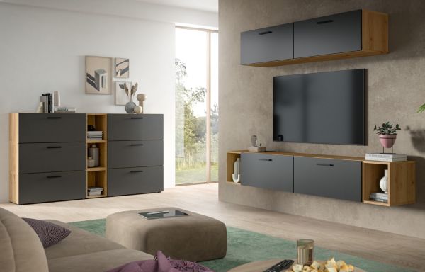Wohnwand Onawa in Grau und Artisan Eiche Wohnkombination 202 x 184 cm, Soft-Close