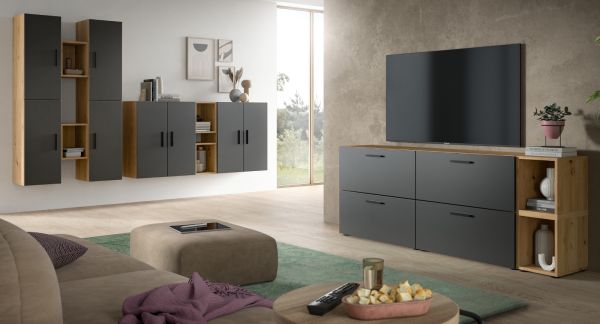 Wohnwand Onawa in Grau und Artisan Eiche Wohnkombination 256 x 178 cm, Soft-Close
