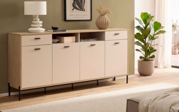 Sideboard Ingar in Kaschmir und Eiche,  Kommode 205 x 95 cm mit Soft-Close