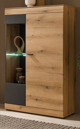 Vitrine Assina in Evoke Eiche und Grau matt, Vitrinenschrank 90 x 141 cm mit Soft-Close
