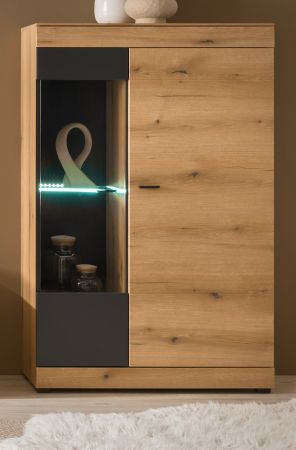 Vitrine Assina in Evoke Eiche und Grau matt, Vitrinenschrank 90 x 141 cm mit Soft-Close