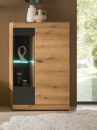 Vitrine Assina in Evoke Eiche und Grau matt, Vitrinenschrank 90 x 141 cm mit Soft-Close