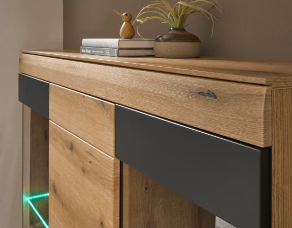 Highboard Assina in Evoke Eiche und Grau matt, Schrank 140 x 141 cm mit Soft-Close