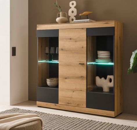 Highboard Assina in Evoke Eiche und Grau matt, Schrank 140 x 141 cm mit Soft-Close