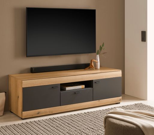 TV-Lowboard Assina in Evoke Eiche und Grau matt, TV Unterschrank 150 cm mit Soft-Close