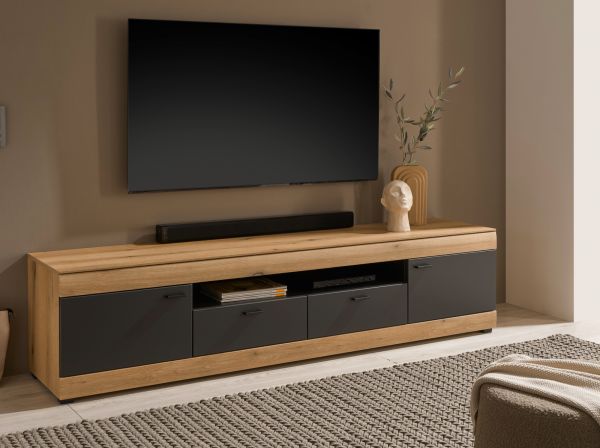 TV-Lowboard Assina in Evoke Eiche und Graphit Grau, Flat-TV Unterschrank 200 cm mit Soft-Close