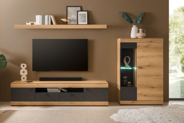 TV-Lowboard Assina in Evoke Eiche und Graphit Grau, Flat-TV Unterschrank 200 cm mit Soft-Close