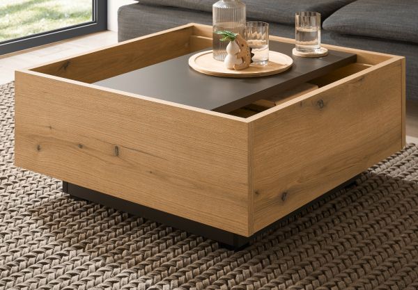 Couchtisch Assina in Evoke Eiche und Graphit Grau, Wohnzimmertisch mit Stauraum, 75 x 75 cm