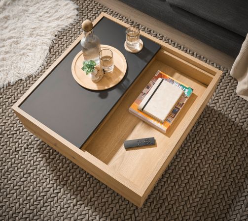 Couchtisch Assina in Evoke Eiche und Graphit Grau, Wohnzimmertisch mit Stauraum, 75 x 75 cm