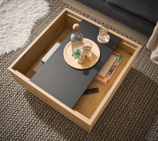 Couchtisch Assina in Evoke Eiche und Graphit Grau, Wohnzimmertisch mit Stauraum, 75 x 75 cm