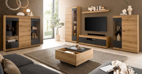 Couchtisch Assina in Evoke Eiche und Graphit Grau, Wohnzimmertisch mit Stauraum, 75 x 75 cm