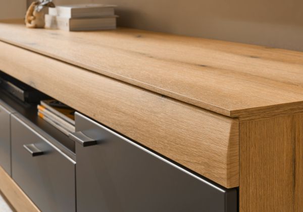 Wohnwand Assina in Evoke Eiche und Graphit Grau, Wohnzimmer Set 300 x 201 cm mit Soft-Close