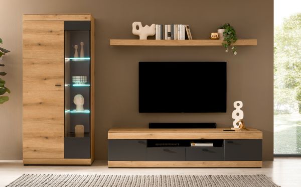 Wohnwand Assina in Evoke Eiche und Graphit Grau, Wohnzimmer Set 300 x 201 cm mit Soft-Close