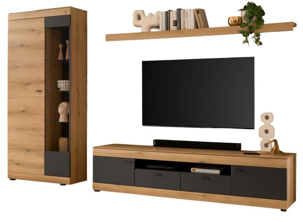 Wohnwand Assina in Evoke Eiche und Graphit Grau, Wohnzimmer Set 300 x 201 cm mit Soft-Close