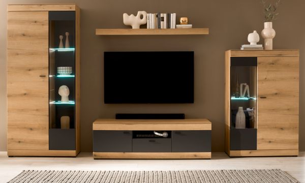 Wohnwand Assina in Evoke Eiche und Graphit Grau, Wohnkombination 350 x 201 cm mit Soft-Close