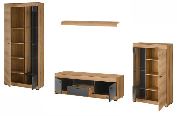 Wohnwand Assina in Evoke Eiche und Graphit Grau, Wohnkombination 350 x 201 cm mit Soft-Close