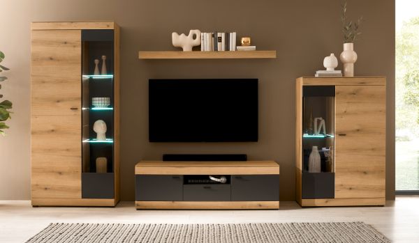 Wohnwand Assina in Evoke Eiche und Graphit Grau, Wohnkombination 350 x 201 cm mit Soft-Close