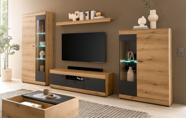 Wohnwand Assina in Evoke Eiche und Graphit Grau, Wohnkombination 350 x 201 cm mit Soft-Close
