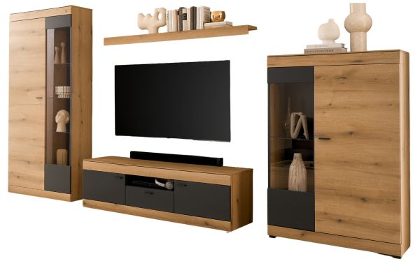 Wohnwand Assina in Evoke Eiche und Graphit Grau, Wohnkombination 350 x 201 cm mit Soft-Close