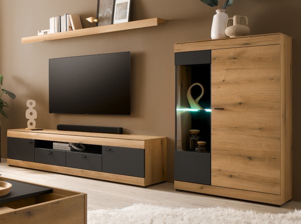 Wohnwand Assina in Evoke Eiche und Graphit Grau 3-teilig 300 cm, Schrankwand mit Soft-Close