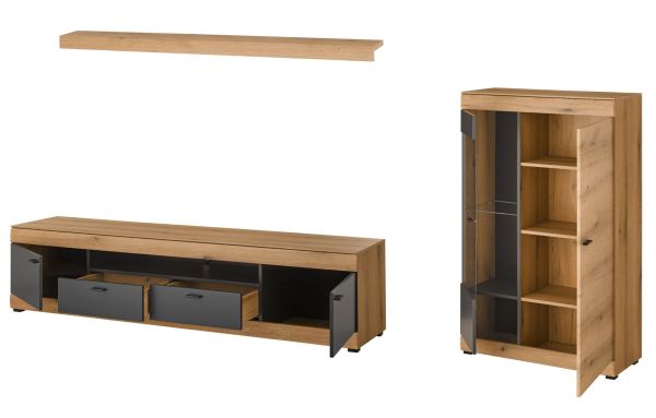 Wohnwand Assina in Evoke Eiche und Graphit Grau 3-teilig 300 cm, Schrankwand mit Soft-Close