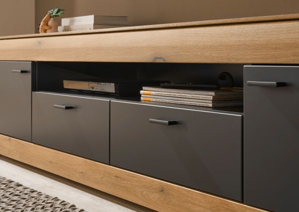 Wohnwand Assina in Evoke Eiche und Graphit Grau 3-teilig 300 cm, Schrankwand mit Soft-Close