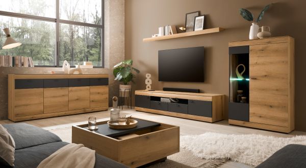 Wohnwand Assina in Evoke Eiche und Graphit Grau 3-teilig 300 cm, Schrankwand mit Soft-Close