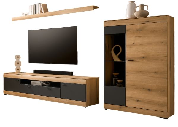 Wohnwand Assina in Evoke Eiche und Graphit Grau 3-teilig 300 cm, Schrankwand mit Soft-Close