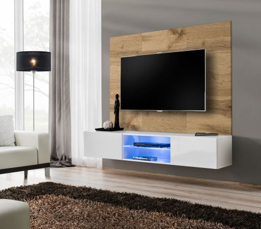 TV-Lowboard Set Public in Wotan Eiche und wei�, Flat-TV Unterschrank h�ngend mit LED und Akustikpaneel, 180 cm