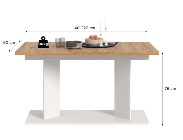 Esstisch Anton in Artisan Eiche und Wei� Tisch 2-fach ausziehbar 140 - 180 - 220 x 90 cm