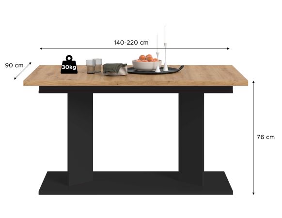 Esstisch Anton in Artisan Eiche und schwarz Tisch 2-fach ausziehbar 140-180-220 x 90 cm