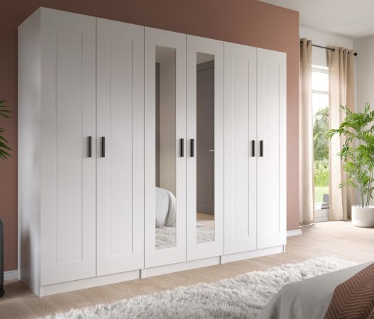 Kleiderschrank Jondal in wei� Dreht�renschrank mit Spiegel 6-t�rig skandinavisch 240 x 194 cm