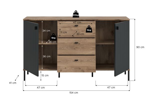 Sideboard Graz in schwarz und Nox Eiche Kommode 154 x 90 cm