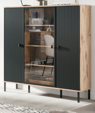 Highboard Graz in schwarz und Nox Eiche Vitrine 115 x 137 cm