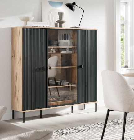 Highboard Graz in schwarz und Nox Eiche Vitrine 115 x 137 cm