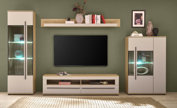 Wohnwand Design-D in Kaschmir und Cremona Eiche Wohnkombination Set 4-teilig 350 cm, mit Soft-Close