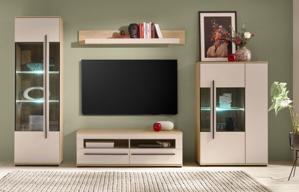 Wohnwand Design-D in Kaschmir und Cremona Eiche Wohnkombination Set 4-teilig 310 cm, mit Soft-Close
