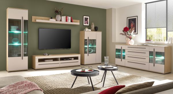 Wohnwand Design-D in Kaschmir und Cremona Eiche Wohnkombination Set 4-teilig 240 cm, mit Soft-Close