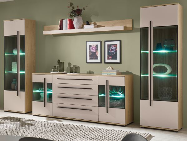 Wohnwand Design-D in Kaschmir und Eiche Wohnkombination Set 4-teilig 340 cm, mit Soft-Close