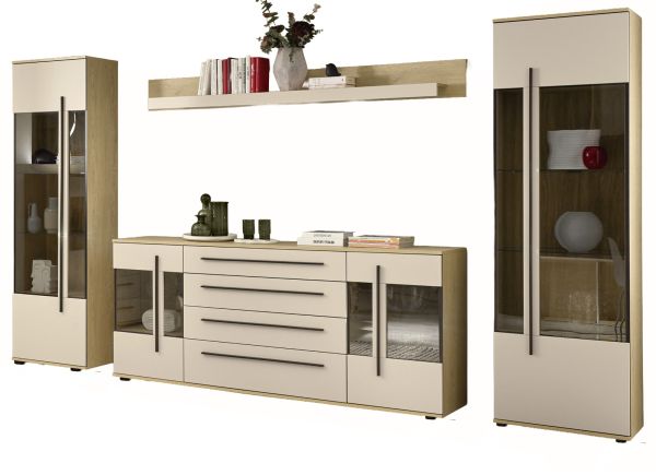 Wohnwand Design-D in Kaschmir und Eiche Wohnkombination Set 4-teilig 340 cm, mit Soft-Close