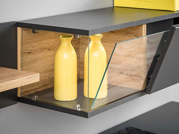 Wohnwand Lester in Anthrazit und Wotan Eiche Schrankwand mit LED, Push-to-Open, 240 x 150 cm