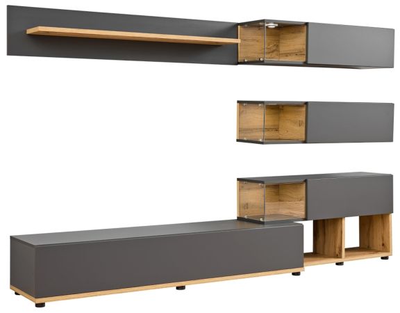 Wohnwand Lester in Anthrazit und Wotan Eiche Schrankwand mit LED, Push-to-Open, 240 x 150 cm