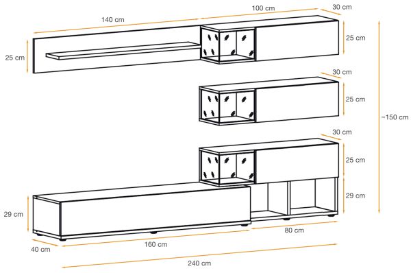 Wohnwand Lester in Anthrazit und Wotan Eiche Schrankwand mit LED, Push-to-Open, 240 x 150 cm