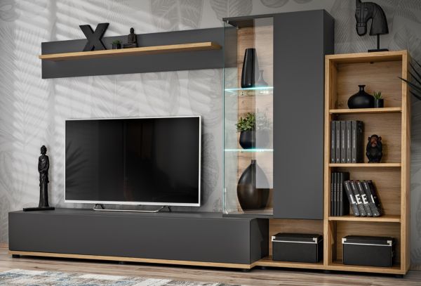 Wohnwand Lester in Anthrazit und Wotan Eiche, Schrankwand inkl. LED und Push-to-Open, 240 x 145 cm