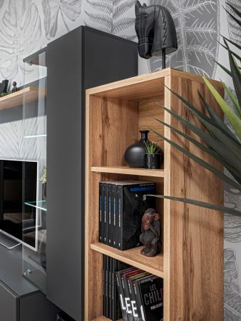 Wohnwand Lester in Anthrazit und Wotan Eiche, Schrankwand inkl. LED und Push-to-Open, 240 x 145 cm