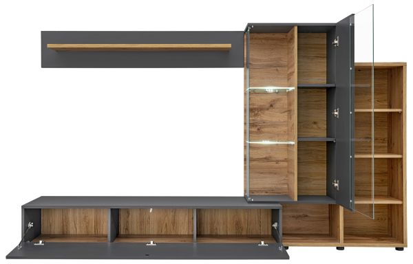Wohnwand Lester in Anthrazit und Wotan Eiche, Schrankwand inkl. LED und Push-to-Open, 240 x 145 cm